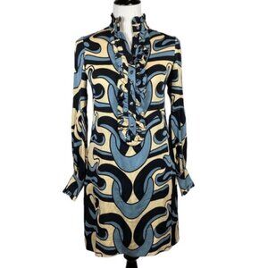 DVF Gaudi Wave Blue Tan Black Silk Sheath Dress